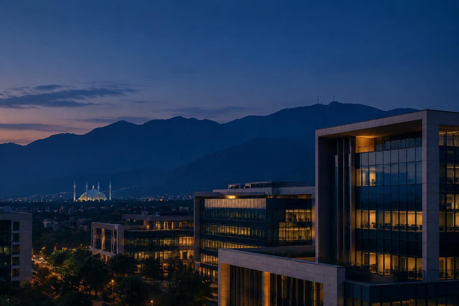 Islamabad cityscape at dusk beneath the Margalla Hills
